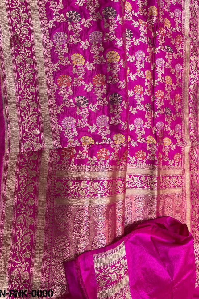 Pure Katan Silk Meenakari Saree | Golden & Silver Zari Work | Rosepetals Luxe