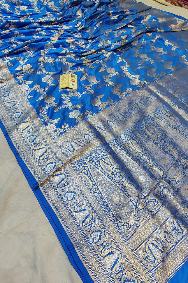 Pure Katan Silk Meenakari Saree | Golden & Silver Zari Work | Rosepetals Luxe