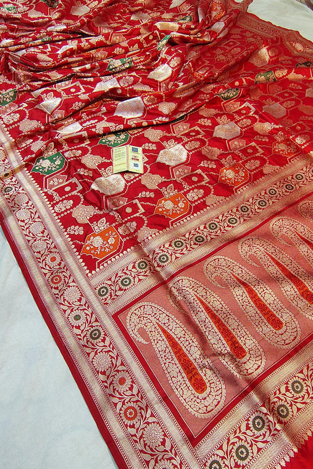 Pure Katan Silk Meenakari Saree | Golden & Silver Zari Work | Rosepetals Luxe
