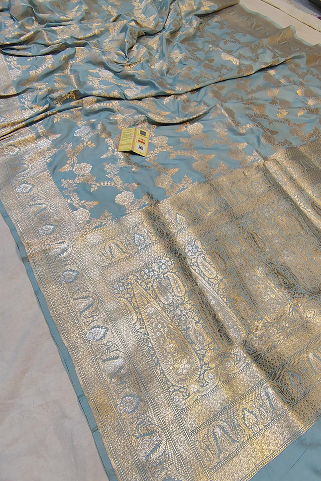 Pure Katan Silk Meenakari Saree | Golden & Silver Zari Work | Rosepetals Luxe