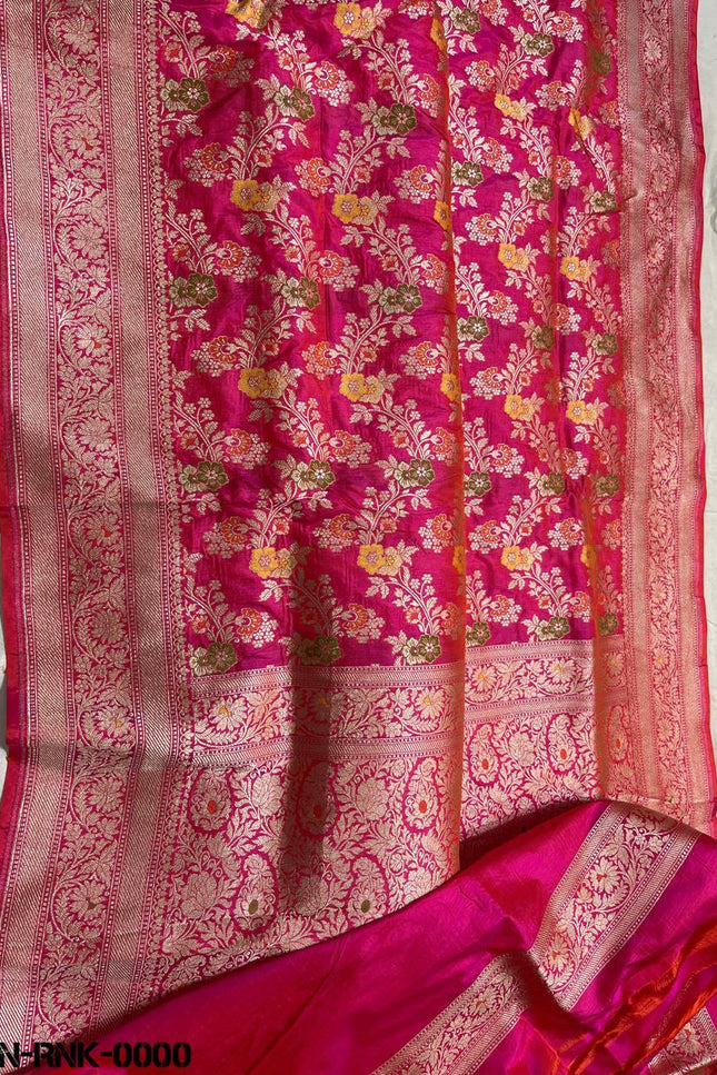 Pure Katan Silk Meenakari Saree | Golden & Silver Zari Work | Rosepetals Luxe