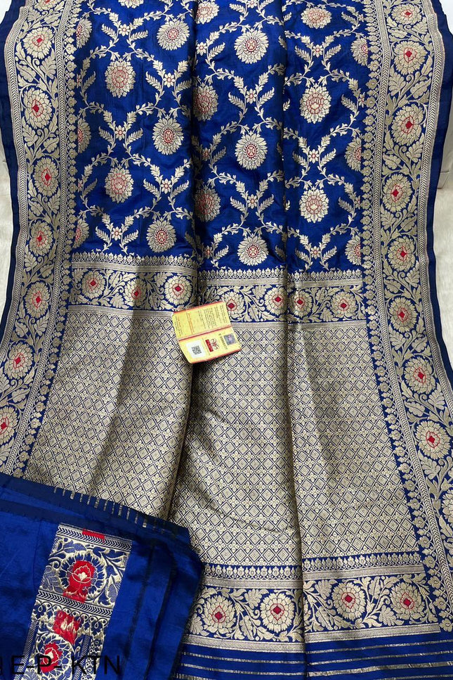 Pure Katan Silk Meenakari Saree | Golden & Silver Zari Work | Rosepetals Luxe