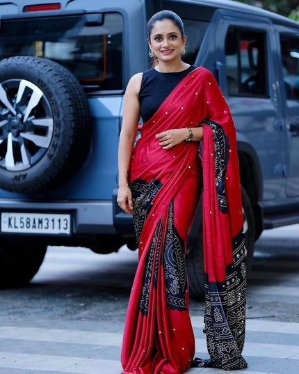 Red Gajji Silk Saree with Heavy Mirror Work & Handcrafted Tassels