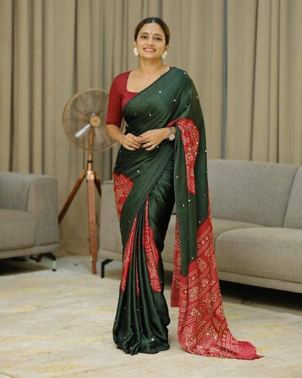Green Gajji Silk Saree with Heavy Mirror Work & Handcrafted Tassels