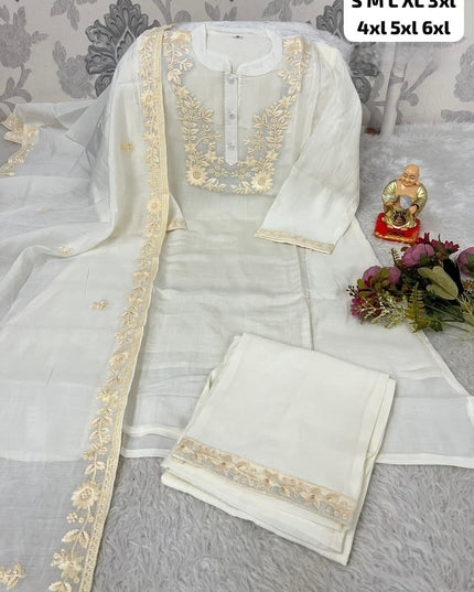 Chanderi Silk Blend Embroidered Kurta Pant Dupatta Set | Floral Thread Handwork – White, Pink & Sea Green