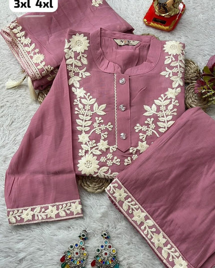 Chanderi Silk Blend Embroidered Kurta Pant Dupatta Set | Floral Thread Handwork – White, Pink & Sea Green