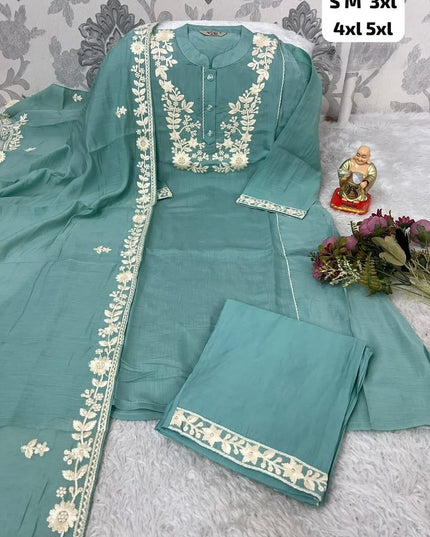 Chanderi Silk Blend Embroidered Kurta Pant Dupatta Set | Floral Thread Handwork – White, Pink & Sea Green