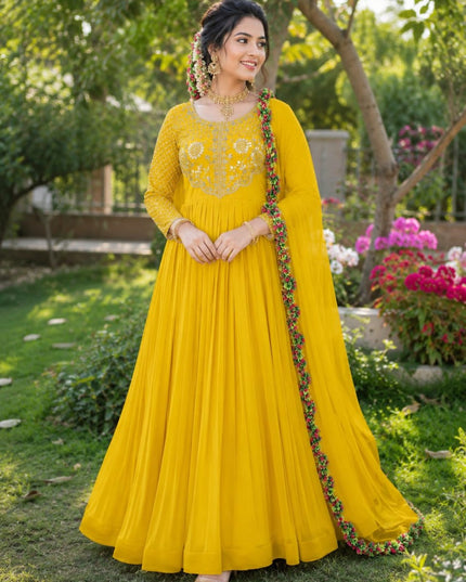 Women's Soft Georgette Sequins Embroidered Gown with Matching Voni Designer Ethnic Party Wear Ready to Wear Anarkali Dress