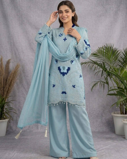 Embroidered Cut Work Top, Plazzo with Dupatta Set