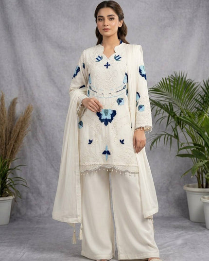 Embroidered Cut Work Top, Plazzo with Dupatta Set