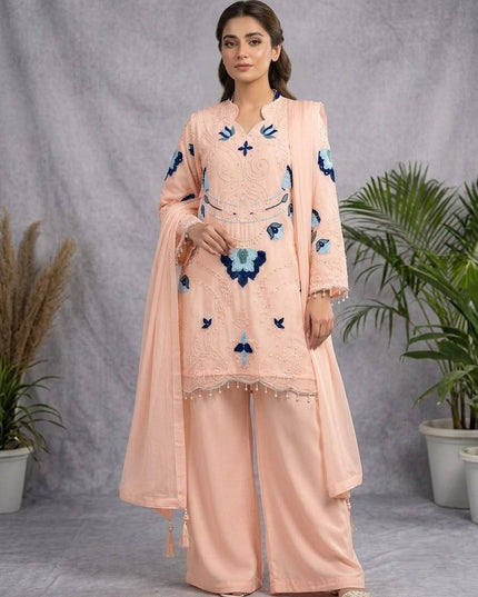 Embroidered Cut Work Top, Plazzo with Dupatta Set