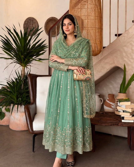 Premium Fandy Silk Embroidered Gown Set with Sequins Work, Matching Pant & Dupatta Ready to Wear Designer Party Wear Ethnic Outfit for Women