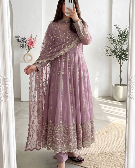 Premium Fandy Silk Embroidered Gown Set with Sequins Work, Matching Pant & Dupatta Ready to Wear Designer Party Wear Ethnic Outfit for Women
