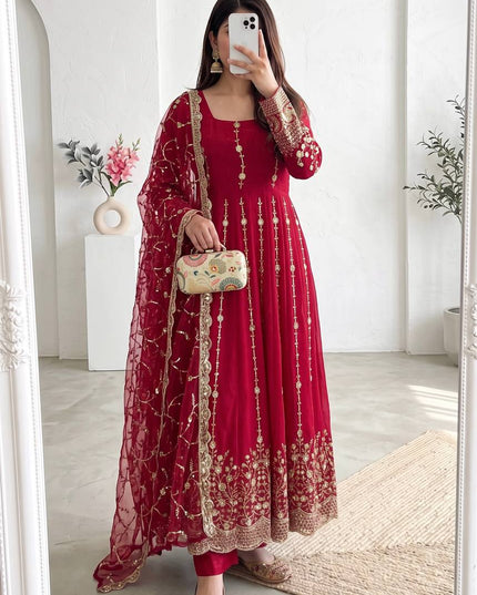 Premium Fandy Silk Embroidered Gown Set with Sequins Work, Matching Pant & Dupatta Ready to Wear Designer Party Wear Ethnic Outfit for Women