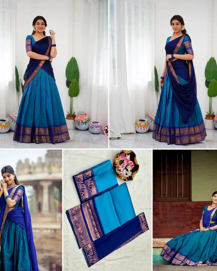 Onam Kanjivaram Silk Half Saree for Women Traditional Zari Weaving Lehenga with Banarasi Silk Blouse and Dupatta Festive Kerala Ethnic Wear