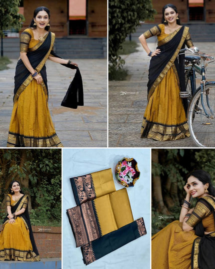 Onam Kanjivaram Silk Half Saree for Women Traditional Zari Weaving Lehenga with Banarasi Silk Blouse and Dupatta Festive Kerala Ethnic Wear