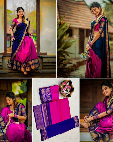Onam Kanjivaram Silk Half Saree for Women Traditional Zari Weaving Lehenga with Banarasi Silk Blouse and Dupatta Festive Kerala Ethnic Wear