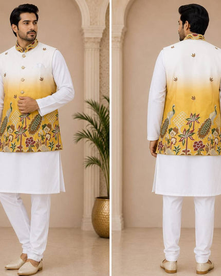 Designer Malai Satin Koti Kurta Polo Pant Set for Men Traditional Navratri Garba Dandiya Wedding Festive Ethnic Wear