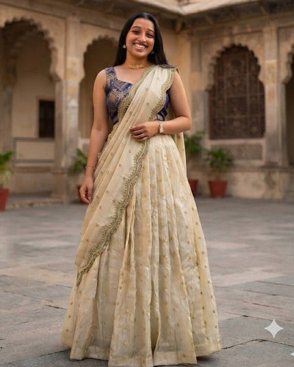 Viscose Zari Tissue Silk Lehenga Choli Set with Banarasi Zari Blouse and Embroidered Dupatta Traditional Onam Festive Wedding Wear for Women
