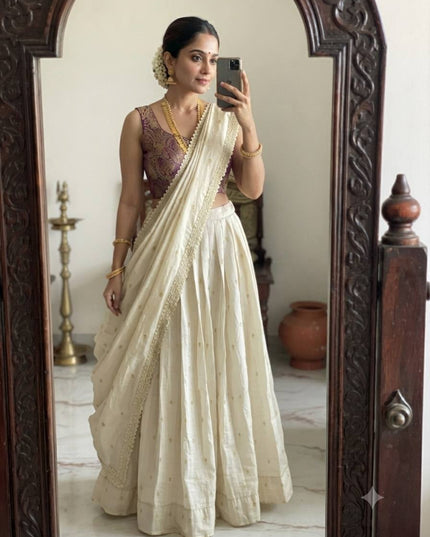 Viscose Zari Tissue Silk Lehenga Choli Set with Banarasi Zari Blouse and Embroidered Dupatta Traditional Onam Festive Wedding Wear for Women