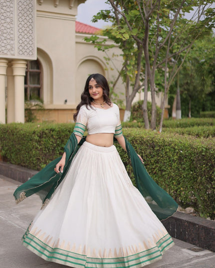 Onam Special Viscose Jacquard Zari Temple Weave Lehenga Choli Set with Contrast Dupatta