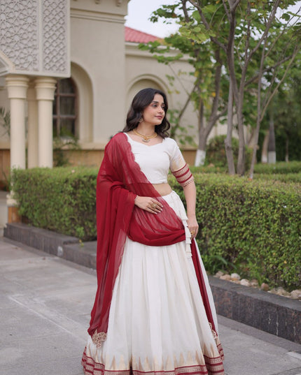 Onam Special Viscose Jacquard Zari Temple Weave Lehenga Choli Set with Contrast Dupatta