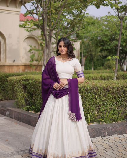 Onam Special Viscose Jacquard Zari Temple Weave Lehenga Choli Set with Contrast Dupatta