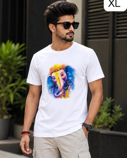 Ganpati Special Ganesha Printed Twill Cotton Half Sleeve T Shirt for Men Festive Casual Wear