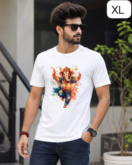 Ganpati Special Ganesha Printed Twill Cotton Half Sleeve T Shirt for Men Festive Casual Wear