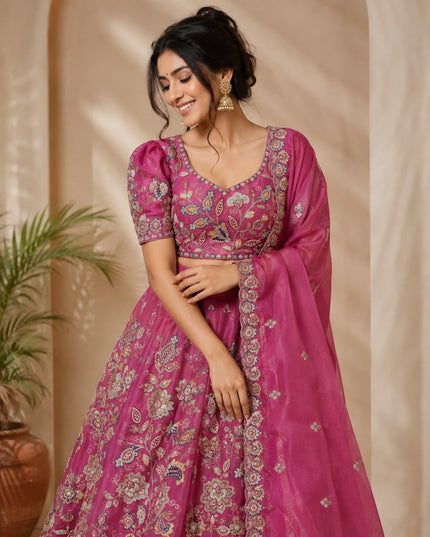 Pure Tissue Lehenga Choli Set | Zari Dori Sequins Embroidery | Rani Pink | Party & Festive Wear