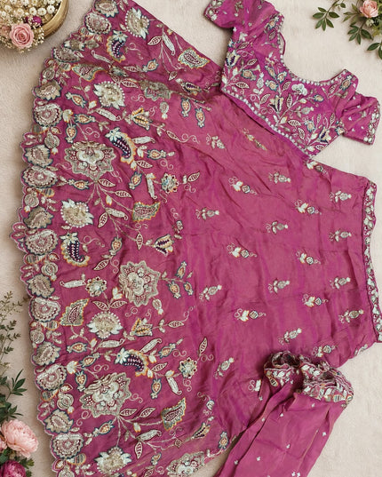 Pure Tissue Lehenga Choli Set | Zari Dori Sequins Embroidery | Rani Pink | Party & Festive Wear