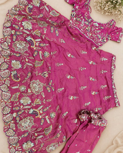 Pure Tissue Lehenga Choli Set | Zari Dori Sequins Embroidery | Rani Pink | Party & Festive Wear