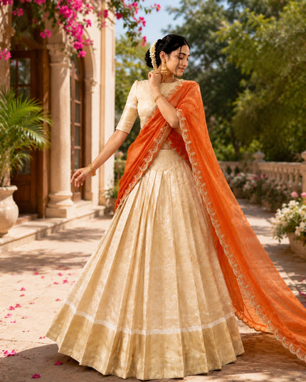 Jacquard Chex Zari Lehenga Choli Set | Embroidered Dupatta | Onam & Festive Wear | Orange, Green & Pink