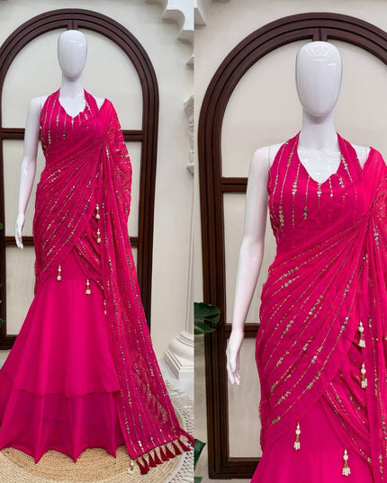 Faux Georgette Fishcut Lehenga Saree with Thread & Sequins Embroidery | Fully Stitched | Festive Party Wear