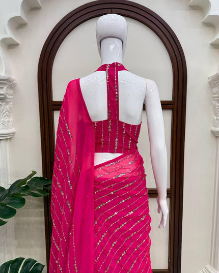 Faux Georgette Fishcut Lehenga Saree with Thread & Sequins Embroidery | Fully Stitched | Festive Party Wear