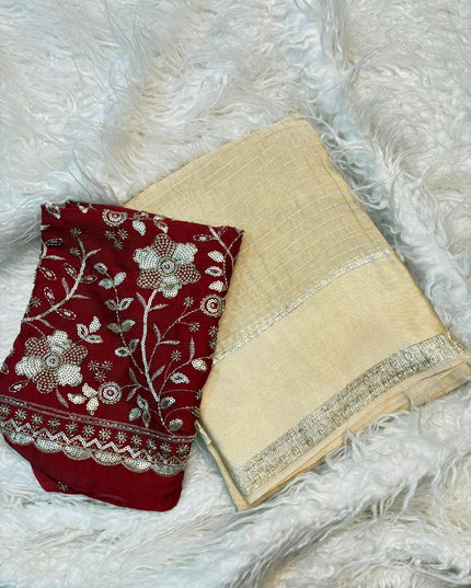 Pure Viscose Georgette Checks Saree | Satin Border | Elephant Bead Work Blouse - Rosepetals Luxe
