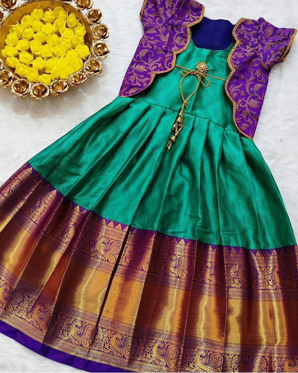 Girls Lichi Silk Zari Weaving Designer Gown – Fully Stitched Festive Ethnic Party Wear Dress