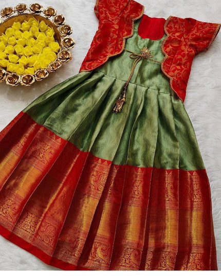 Girls Lichi Silk Zari Weaving Designer Gown – Fully Stitched Festive Ethnic Party Wear Dress
