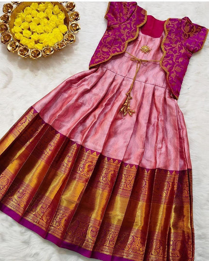 Girls Lichi Silk Zari Weaving Designer Gown – Fully Stitched Festive Ethnic Party Wear Dress