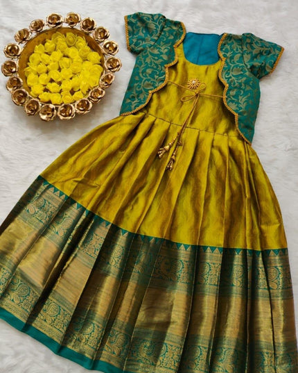 Girls Lichi Silk Zari Weaving Designer Gown – Fully Stitched Festive Ethnic Party Wear Dress