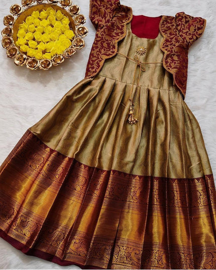 Girls Lichi Silk Zari Weaving Designer Gown – Fully Stitched Festive Ethnic Party Wear Dress