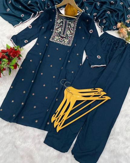 Heavy Rayon Embroidered Kurta Pant Set | Chiffon Dupatta | M–3XL