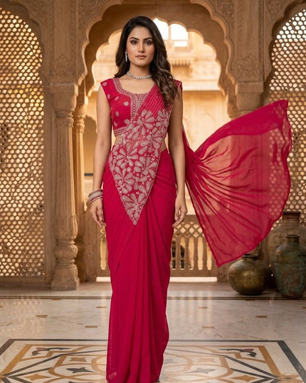 Ready-to-Wear Faux Georgette Saree with Embroidered Koti - Dark Pink