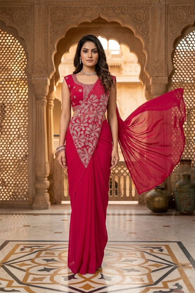 Ready-to-Wear Faux Georgette Saree with Embroidered Koti - Dark Pink