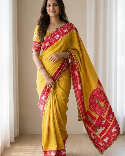 Yellow Chinon GOP Kana Saree | Rich Arco Mirror Work With Running Blouse | Top Trending - Rosepetals Luxe