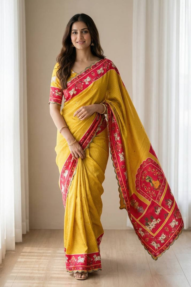 Yellow Chinon GOP Kana Saree | Rich Arco Mirror Work With Running Blouse | Top Trending - Rosepetals Luxe