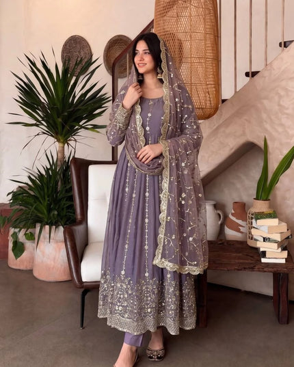 Premium Fandy Silk Embroidered Gown Set with Sequins Work, Matching Pant & Dupatta Ready to Wear Designer Party Wear Ethnic Outfit for Women