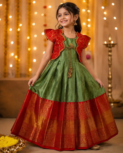 Kids Festive Lichi Silk Zari Weaving Designer Gown for Girls Full Stitched Ethnic Party Wear Dress