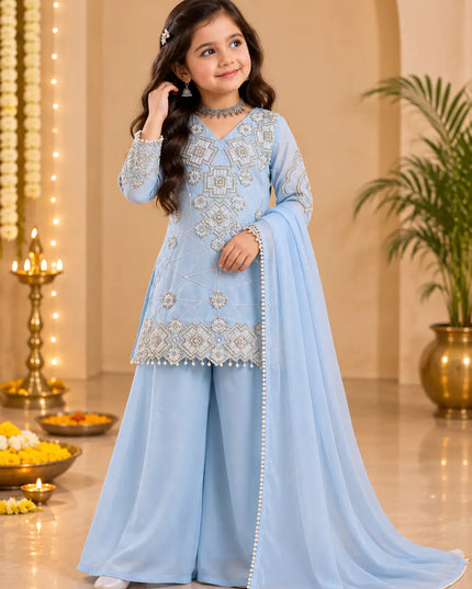 Girls Designer Sequin Embroidery Party Wear Top Palazzo and Dupatta Set