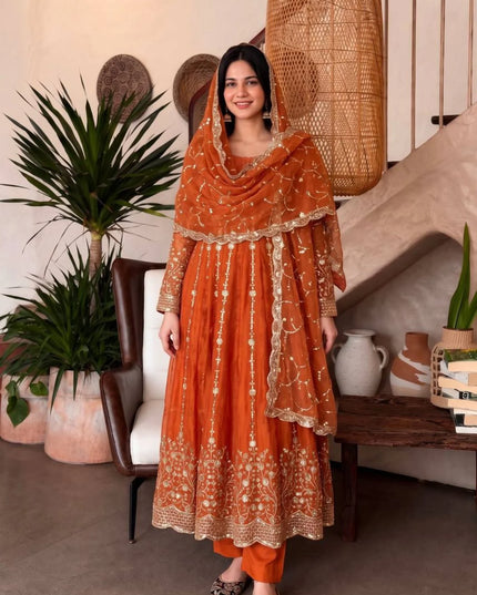 Premium Fandy Silk Embroidered Gown Set with Sequins Work, Matching Pant & Dupatta Ready to Wear Designer Party Wear Ethnic Outfit for Women